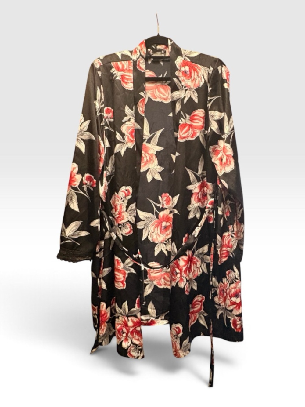 Black Floral Kimono with Red Rose Print